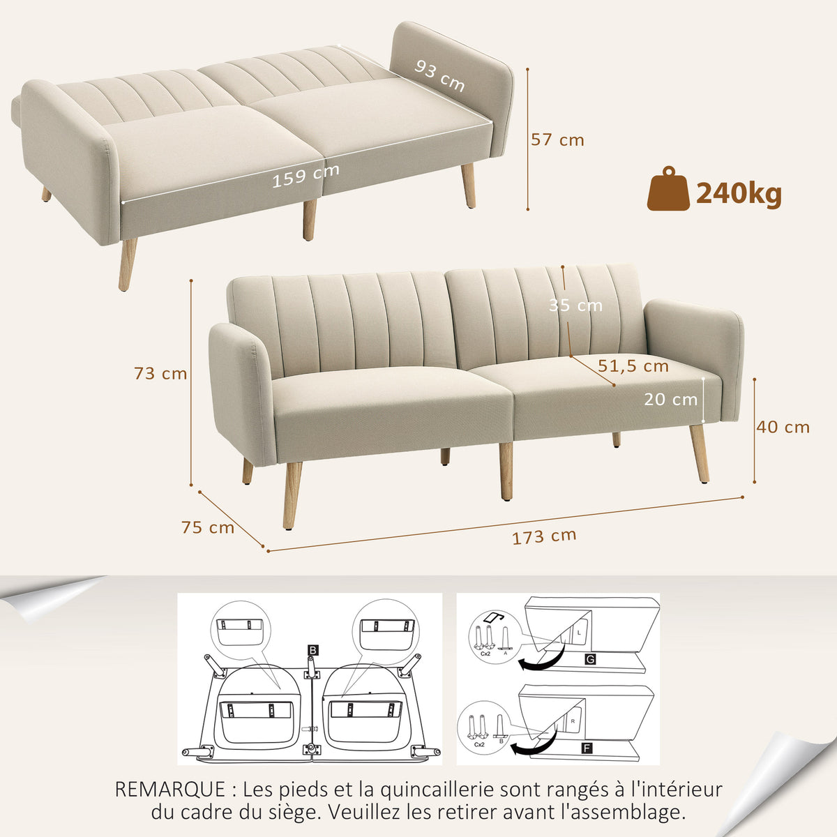 Canapé Convertible 2 Places Design scandinave Dossier inclinable 3 Positions Pieds Bois Tissu Aspect Lin Beige