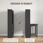 Bureau Informatique avec Étagères de Rangement, Plateau Rabattable, 2 Roulettes, pour Chambre, Salon, 80x69x155cm, Noir