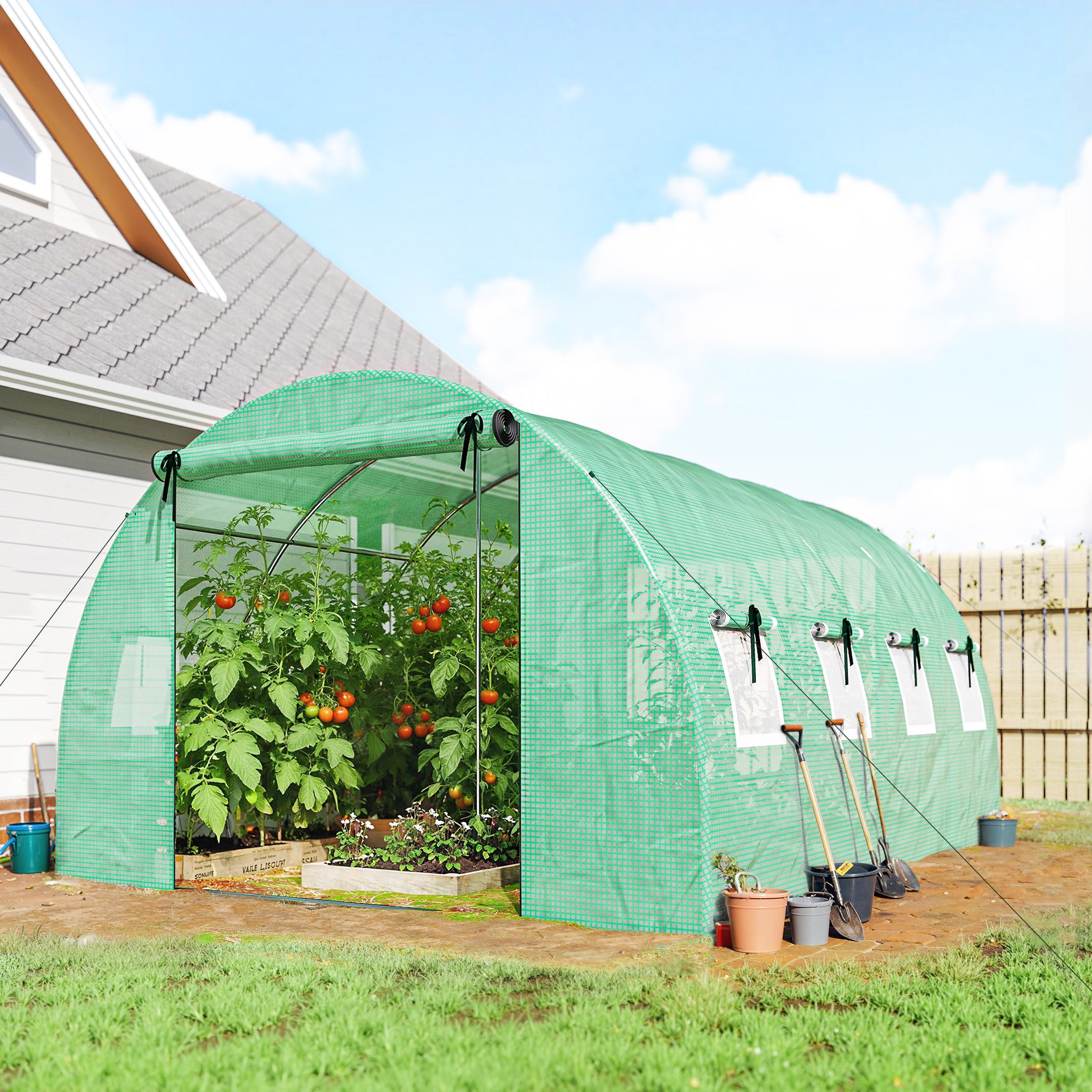 Serre tunnel de jardin 12m², serre de jardin tunnel 295x400x200cm 2 portes et 8 fenêtres bâche PE 140 g/m² vert