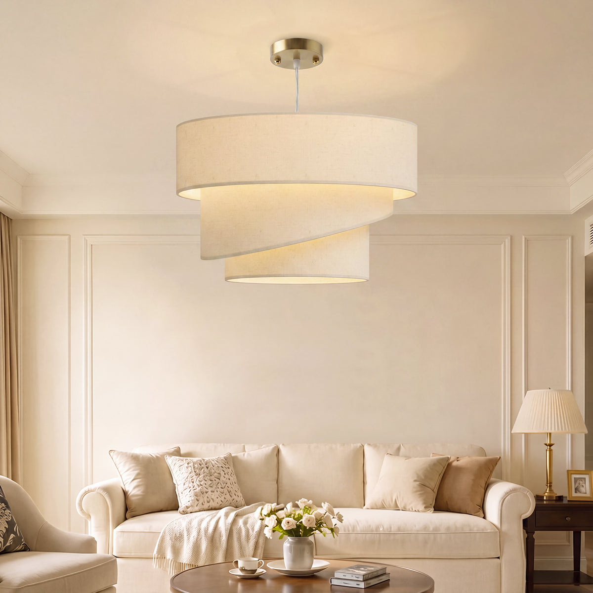 Suspension Luminaire à 3 Abat-Jour Effet Lin, Ampoule Non Incluse E14 40 W, Câble Réglable, Rosace Dorée, Beige