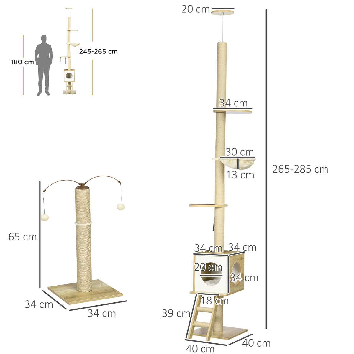 Krabpaal vloer tot plafond in hoogte verstelbaar 225-285 cm met krabpaal 4 niveaus grot hangmat ladder speelgoed beige