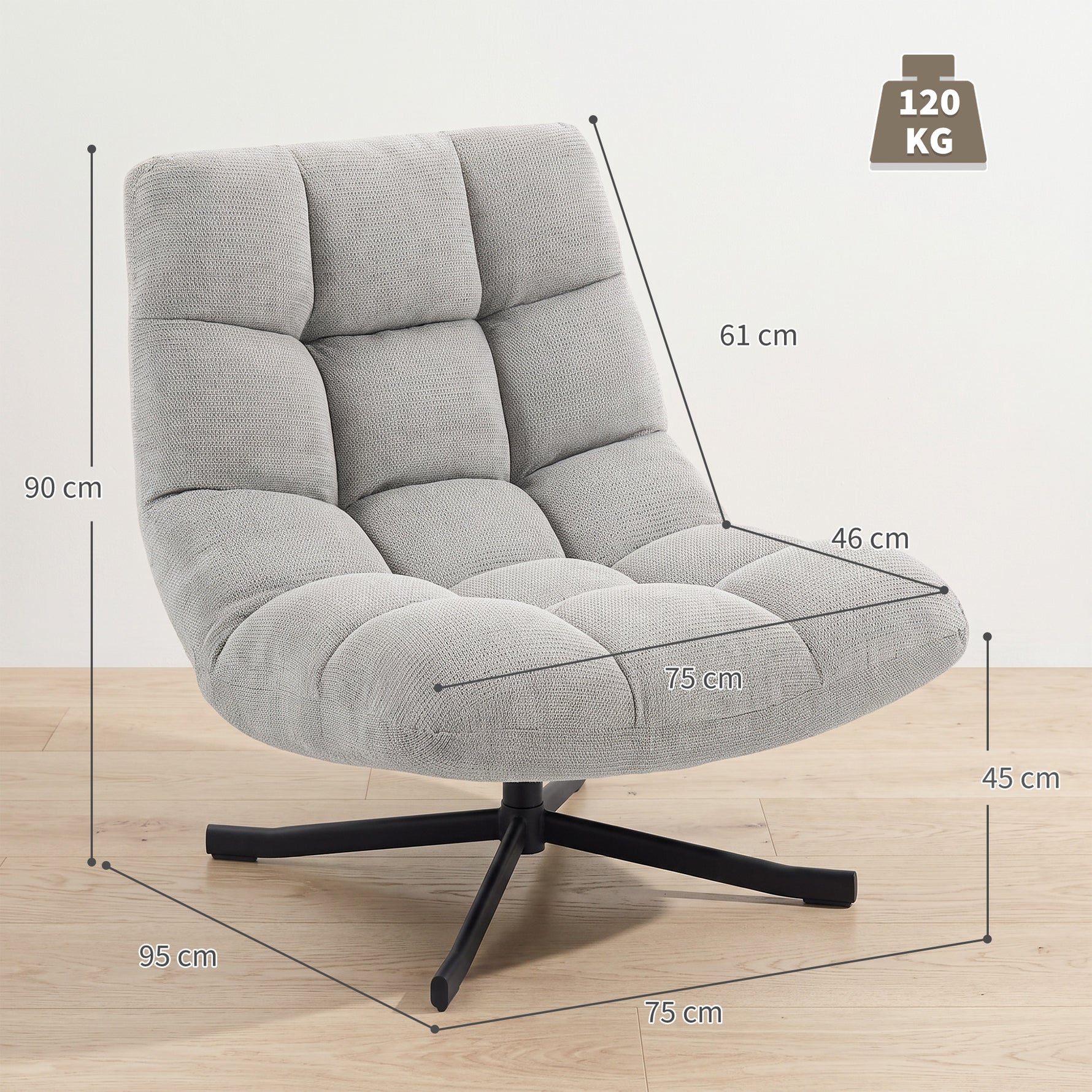 Fauteuil salon sans accoudoirs, chaise pivotante en tissu chenille, assise large, 75 x 95 x 90 cm gris clair