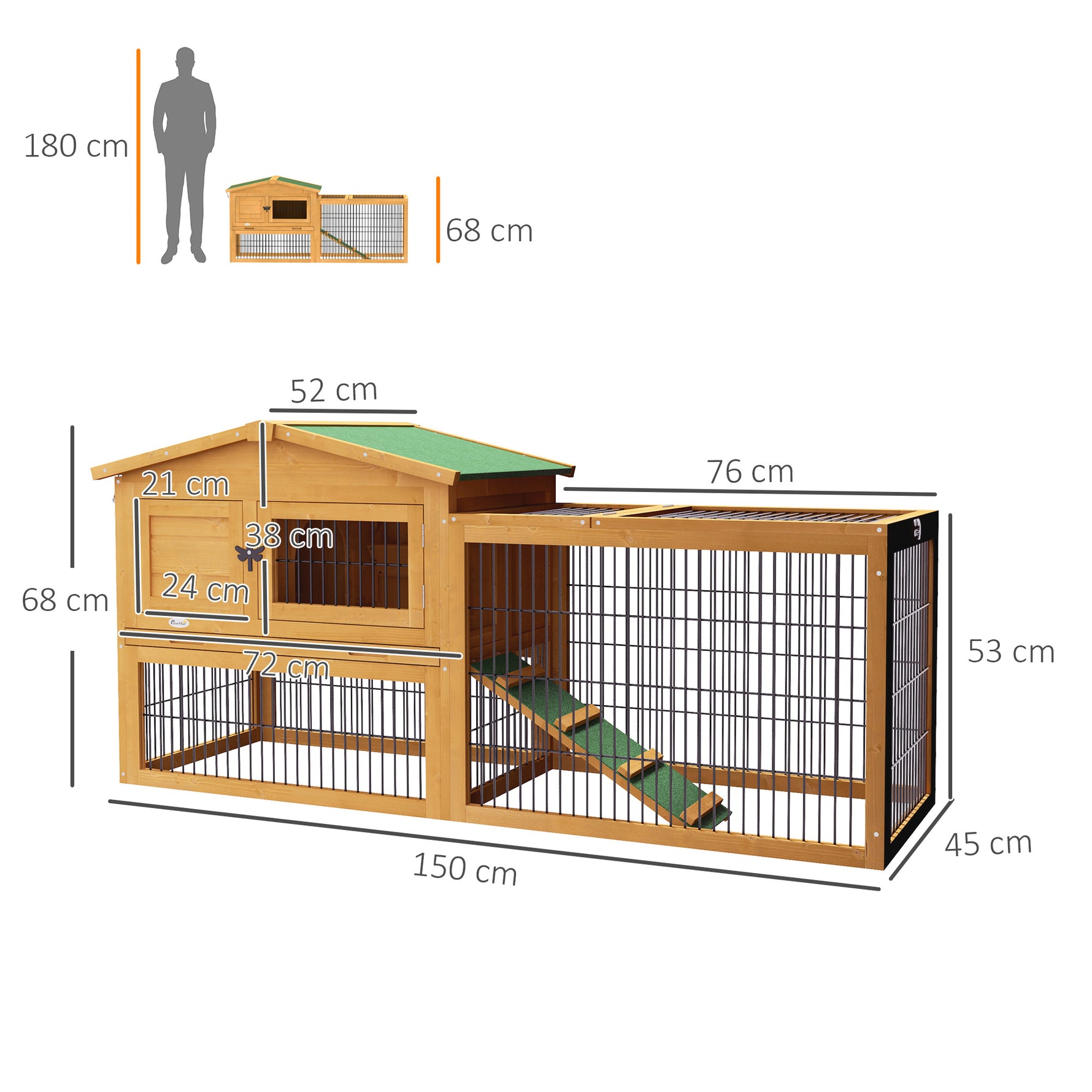 Clapier de sol cage à lapin niche supérieure avec rampe enclos extérieur porte verrouillable 150 x 52,5 x 68 cm jaune