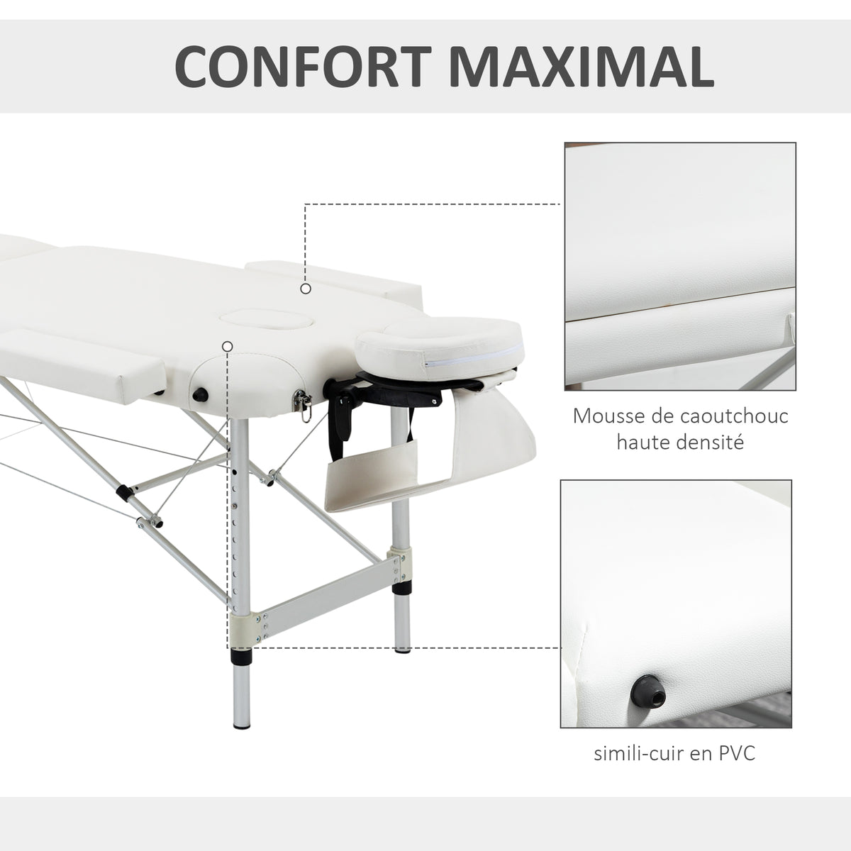 Table de massage 3 zones pliante cosmétique portable charge max. 225 Kg hauteur réglable cadre en alliage blanc