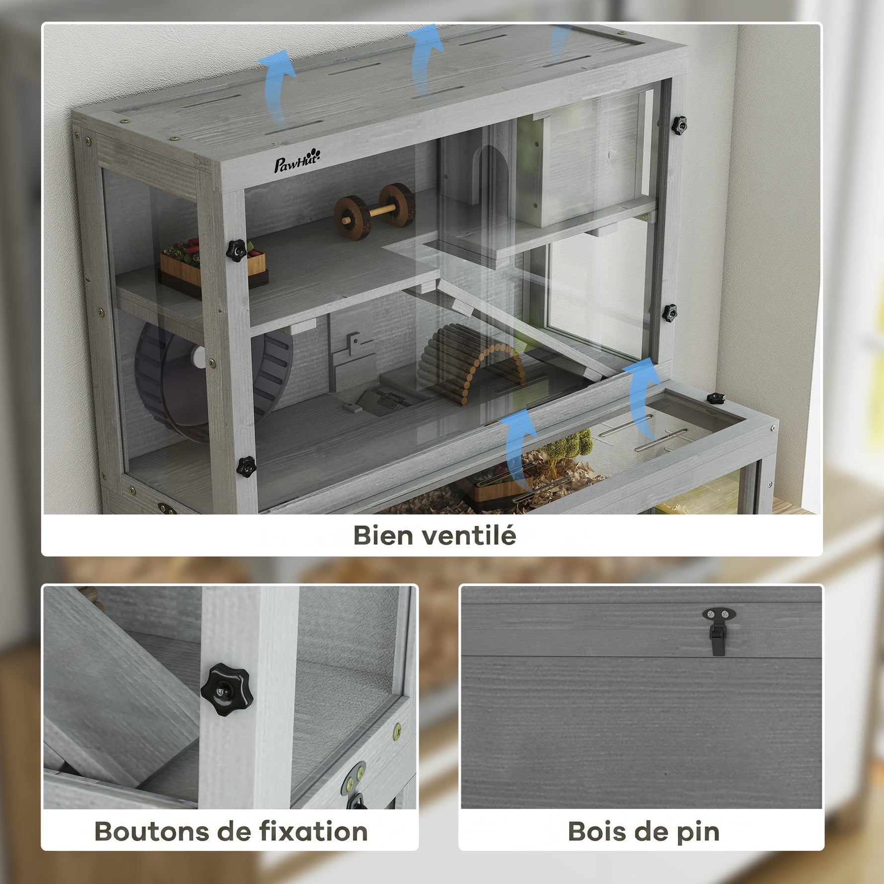 Cage Hamster en Bois, 3 Niveaux avec Cabane, Roue, Rampes, Panneau Transparent, Espaces Séparés, 80x50x84cm, Gris