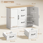 Buffet salon, meuble de rangement avec 2 portes à fermeture douce et 3 tiroirs, 110x35x80,4cm, blanc et bois naturel