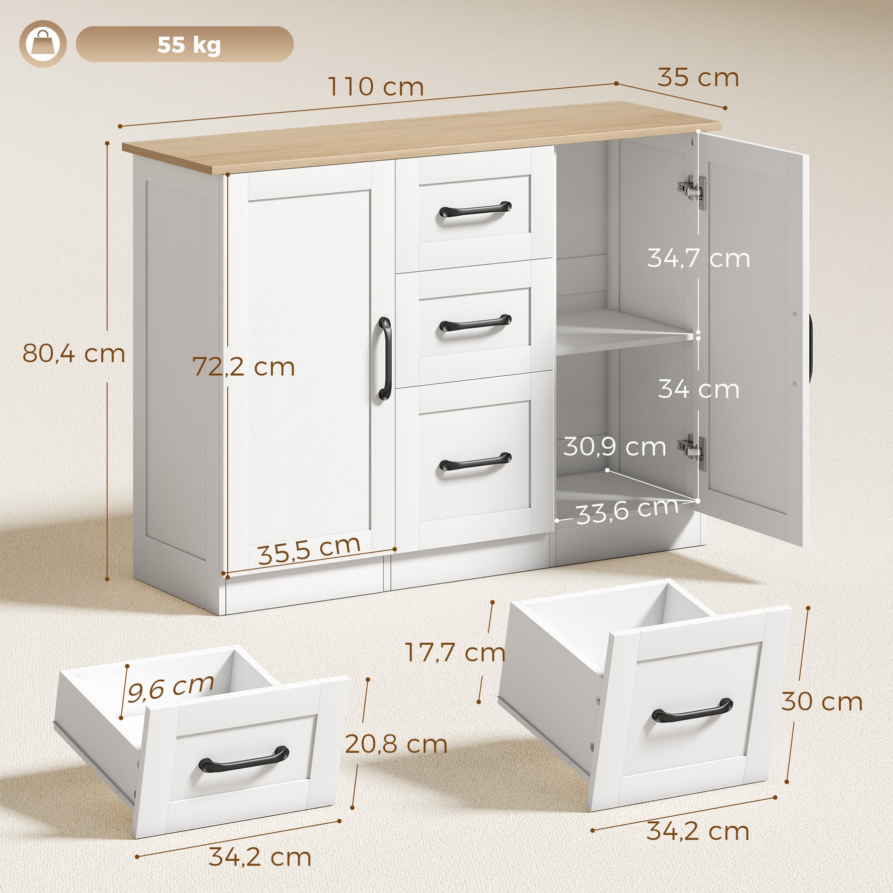 Buffet salon, meuble de rangement avec 2 portes à fermeture douce et 3 tiroirs, 110x35x80,4cm, blanc et bois naturel