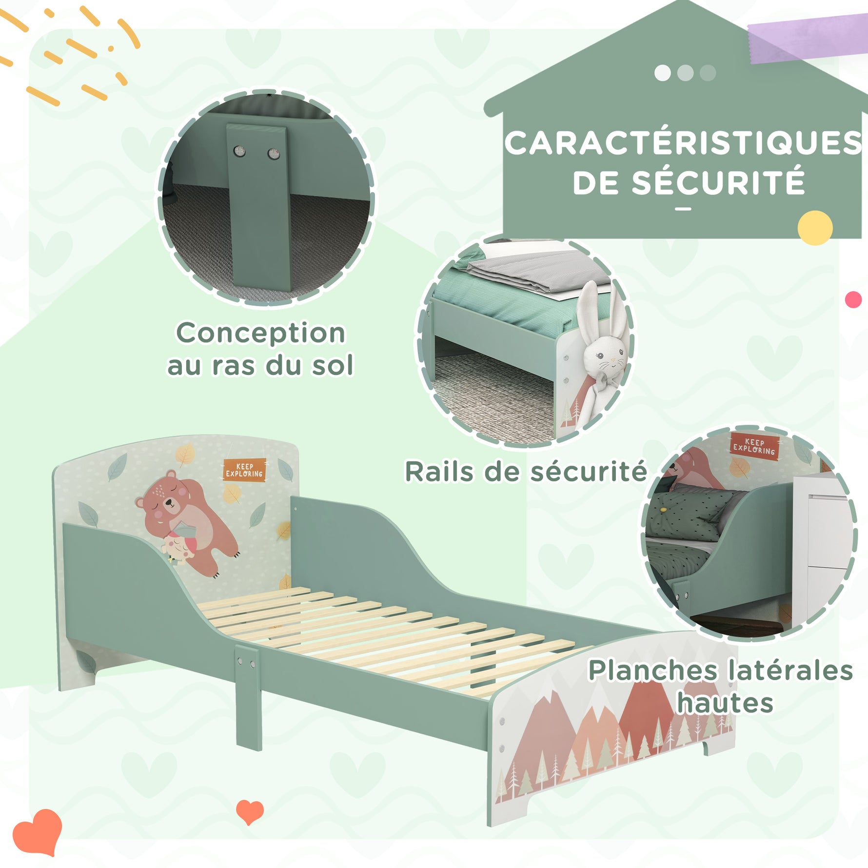 Lit pour enfant 3-6 ans avec barrières de sécurité et motifs dim. 77 x 143 x 60 cm sommier à lattes inclus - Vert