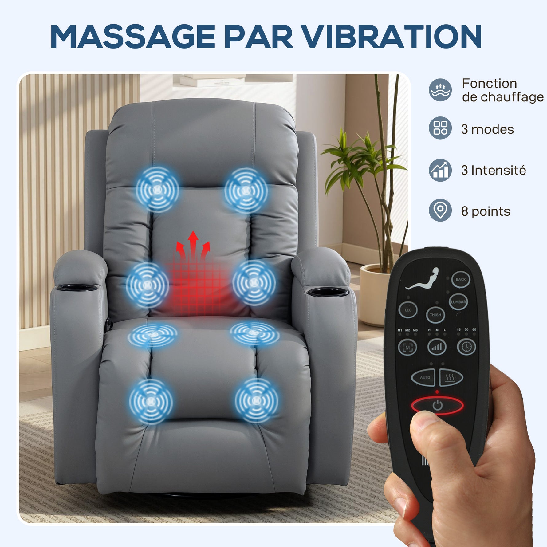 Fauteuil Inclinable de Massage et Chauffage, Fauteuil de Relaxation, Dossier Réglable, Pivotant, 82x99x103cm, Gris Clair