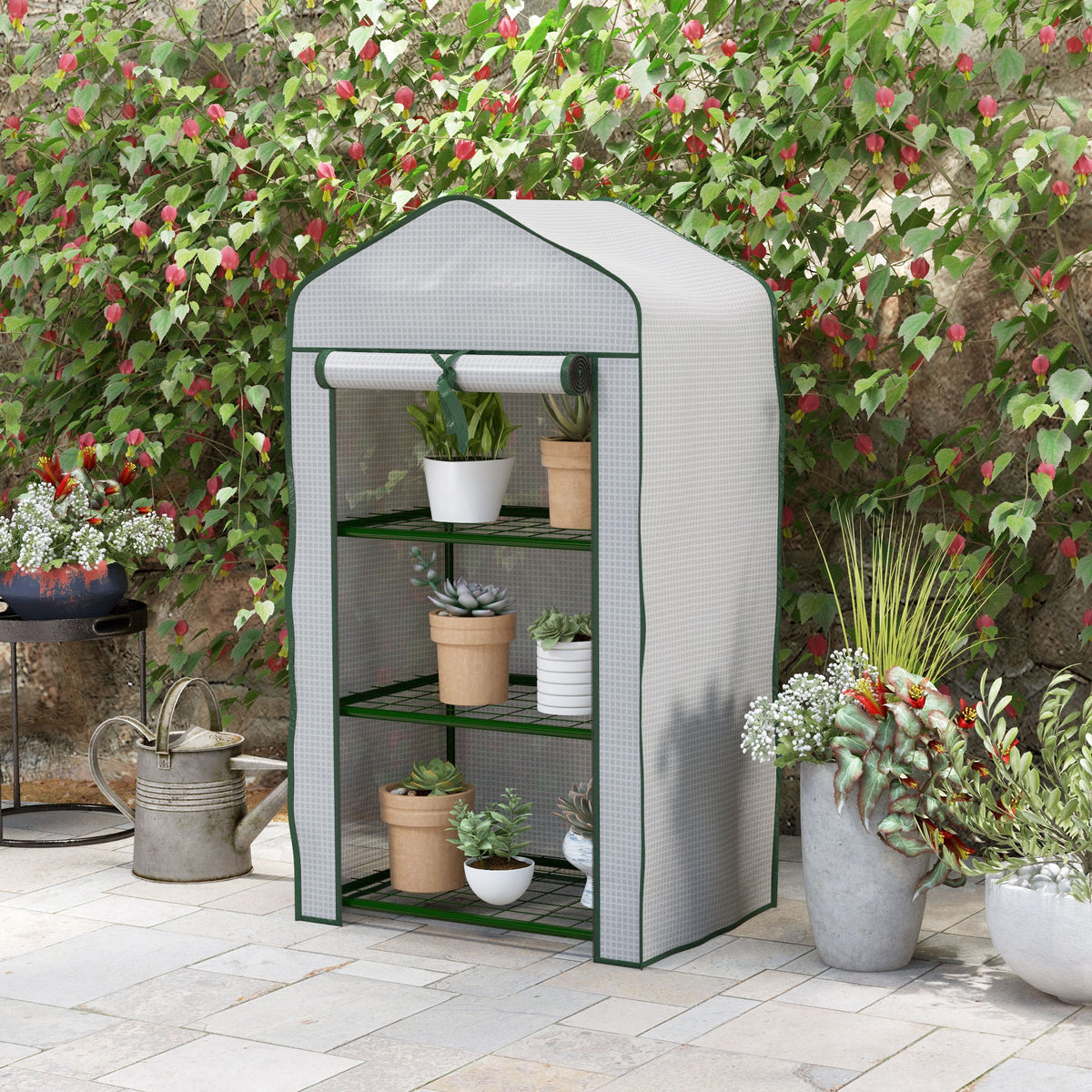 Serra da giardino a 3 ripiani dim. 59L x 39P x 127A cm metallo verniciato a polvere Verde PE alta densità 140g/m² Bianco