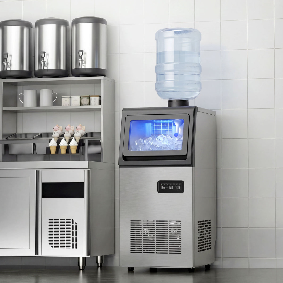 Machine à glaçons commerciale 36 kg/24h, acier inoxydable, ice maker, capacité 5,5 kg, 36 cubes par 10 minutes,