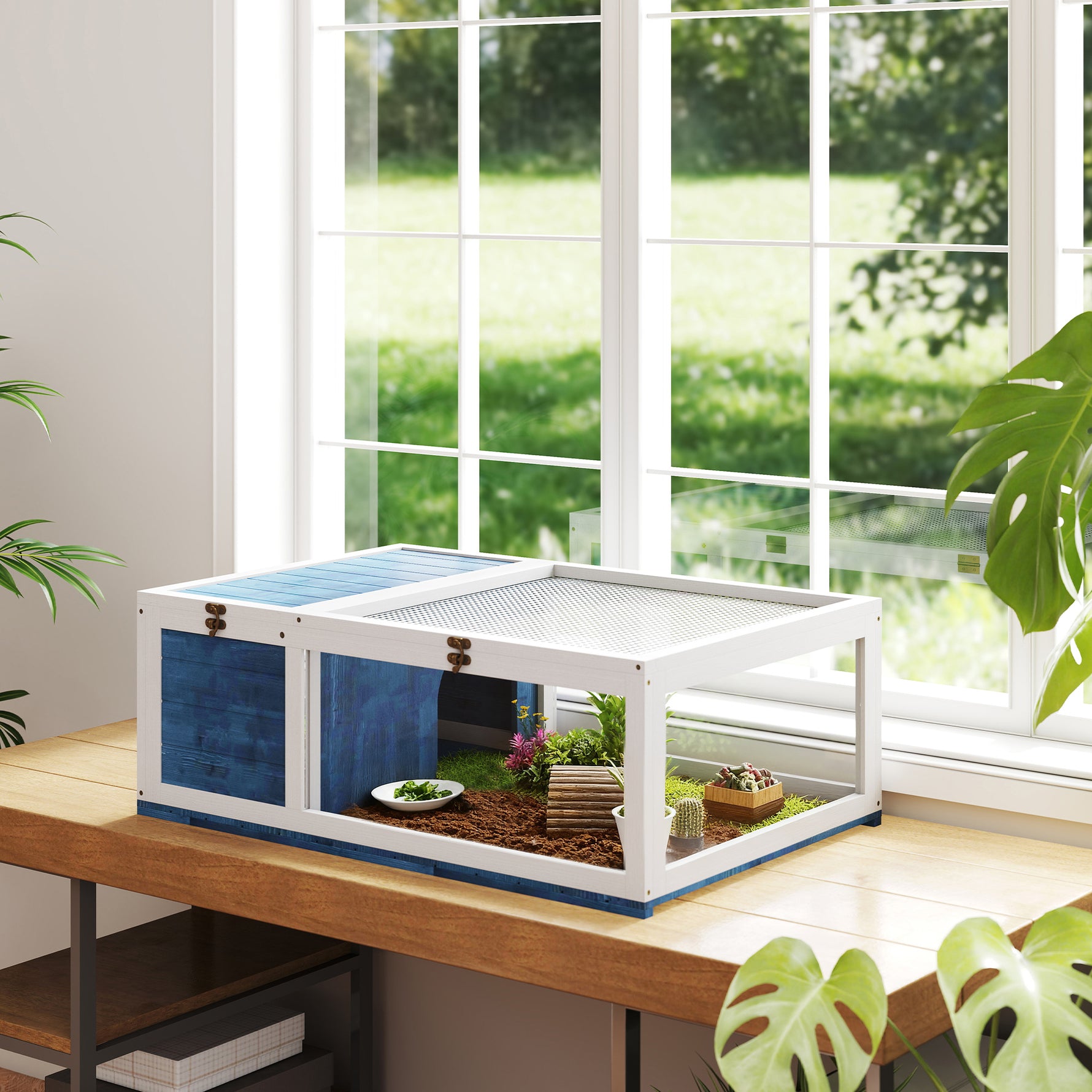 Maison enclos cage habitat pour petit animal tortues avec 2 espaces 91 x 60,5 x 32 cm bois massif bleu