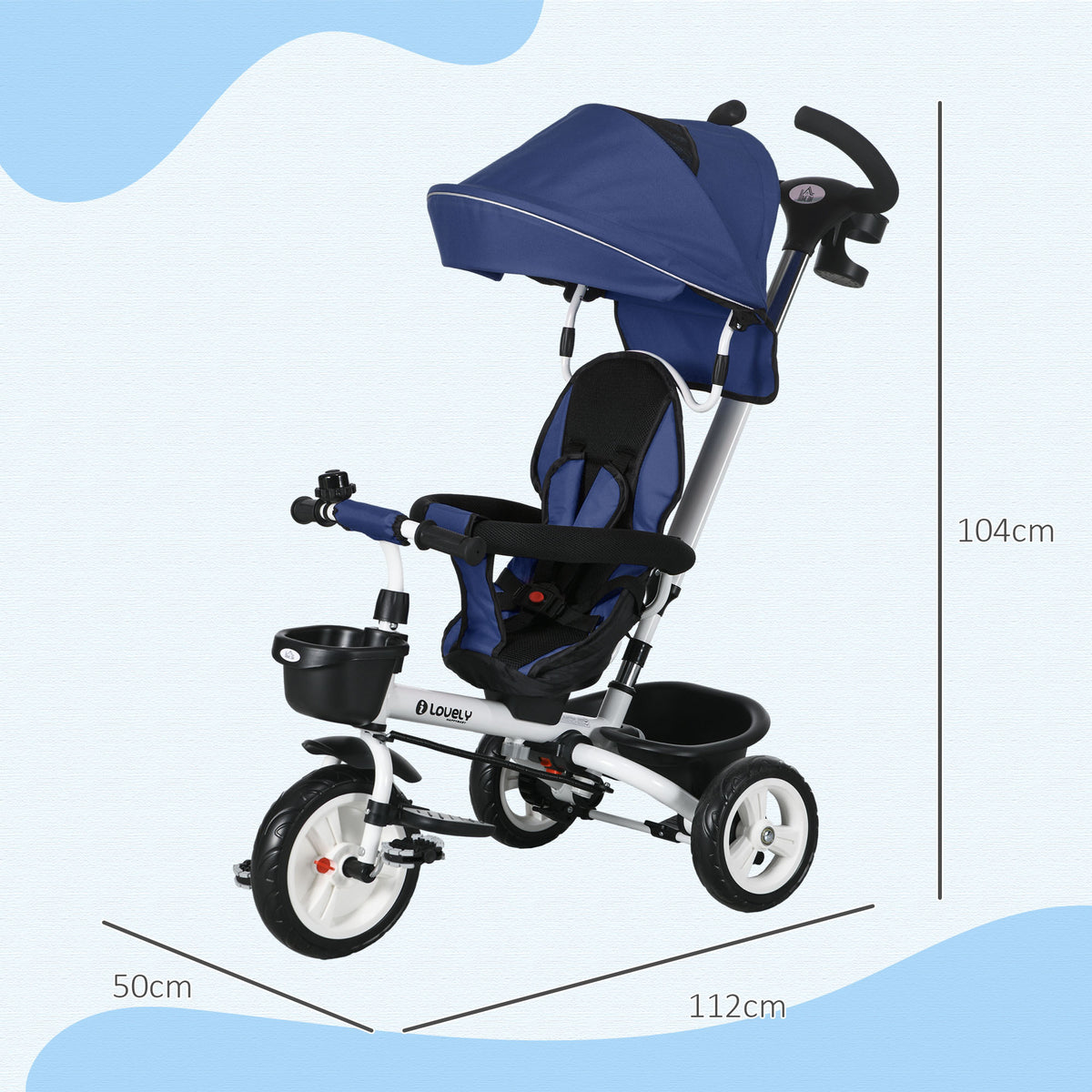 6-in-1-Dreirad für Kinder, Schiebegriff, wendbarer Sitz, Korb, Sonnendach, Sicherheitsgurt, 1-5 Jahre, Blau