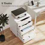 Caisson bureau mobile avec 5 tiroirs, meuble rangement bureau à roulettes pour documents A3/Lettre/A4, blanc