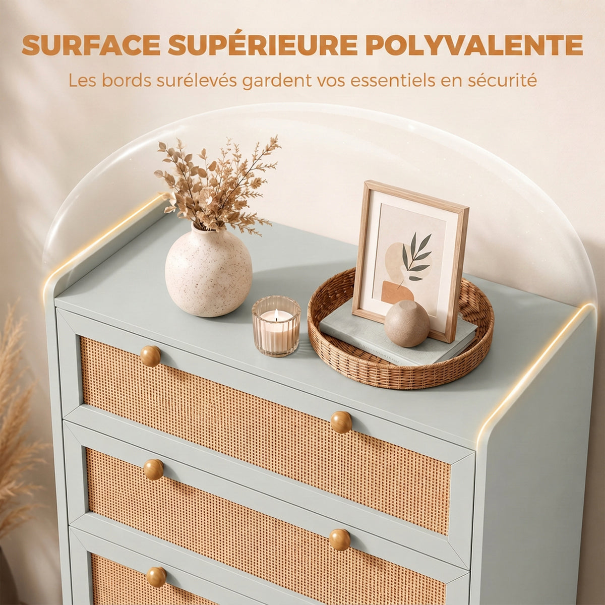 Commode 4 Tiroirs en Bois et Rotin PVC, Style Bohème, pour Chambre à Coucher, Entrée, Couloir, 80x40x109,2cm, Vert Sauge