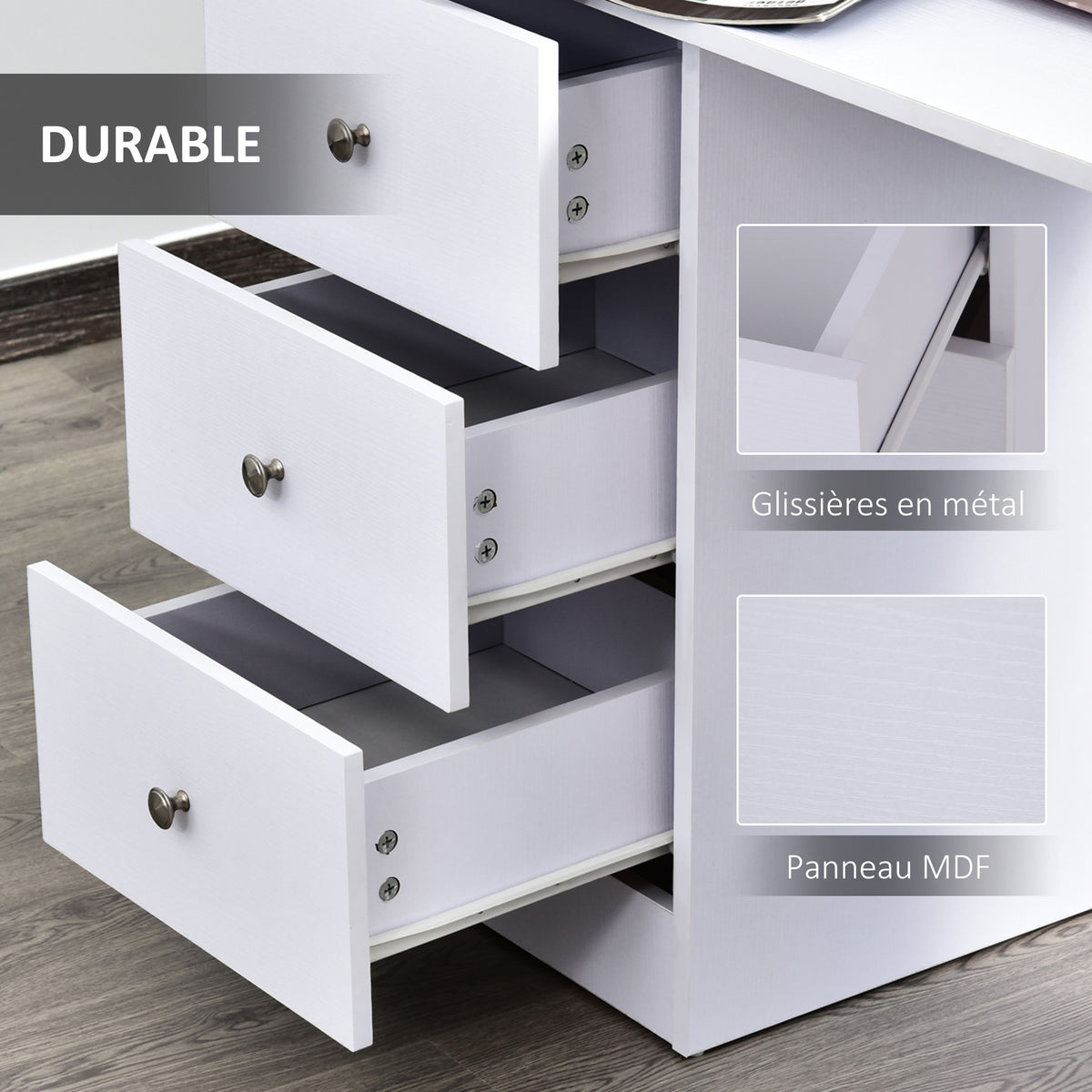 Bureau informatique multimédia multi-rangements 3 tiroirs 2 étagères 120L x 49l x 72H cm blanc