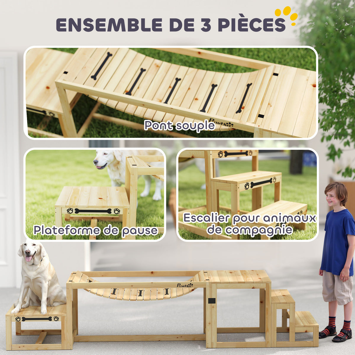Équipements d'entraînement agilité pour chien kit d'équipement d'agilité pour chien 3 pièces en bois massif bois naturel