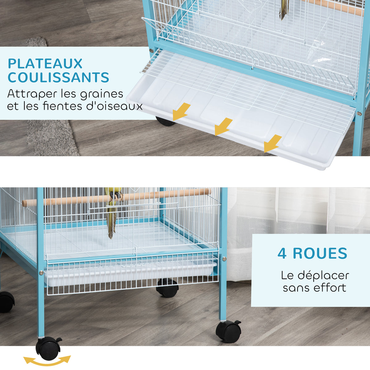 Grande Cage à Oiseaux sur Pied Double avec Mangeoires Perchoirs Plateau Amovible Roulettes 51,5 x 50 x 140 cm Bleu Clair