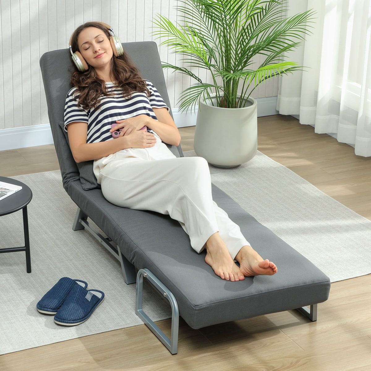 Sillón convertible individual, sillón cama plegable acolchado de lino con respaldo ajustable, cojín, gris oscuro