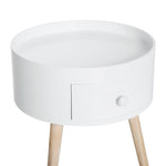 Table basse - table de chevet - table de nuit ronde - design scandinave table d'appoint bout de canapé avec tiroir pieds effilés inclinés bois massif chêne clair blanc