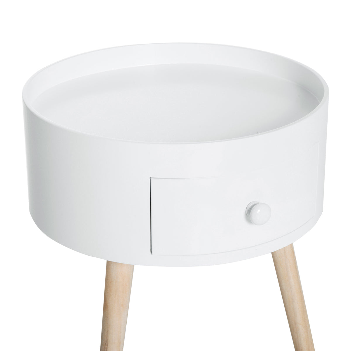 Table basse - table de chevet - table de nuit ronde - design scandinave table d'appoint bout de canapé avec tiroir pieds effilés inclinés bois massif chêne clair blanc