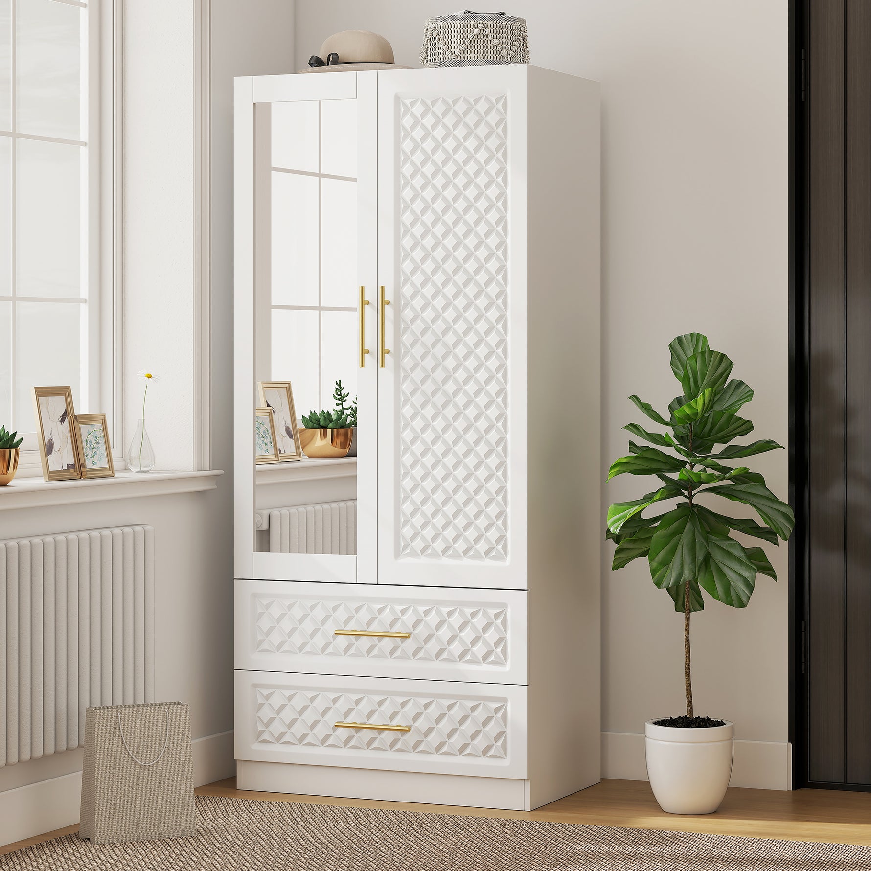 Armoire chambre penderie avec miroir, 2 tiroirs, 2 portes et barre de suspension, 80 x 50 x 180 cm, blanc