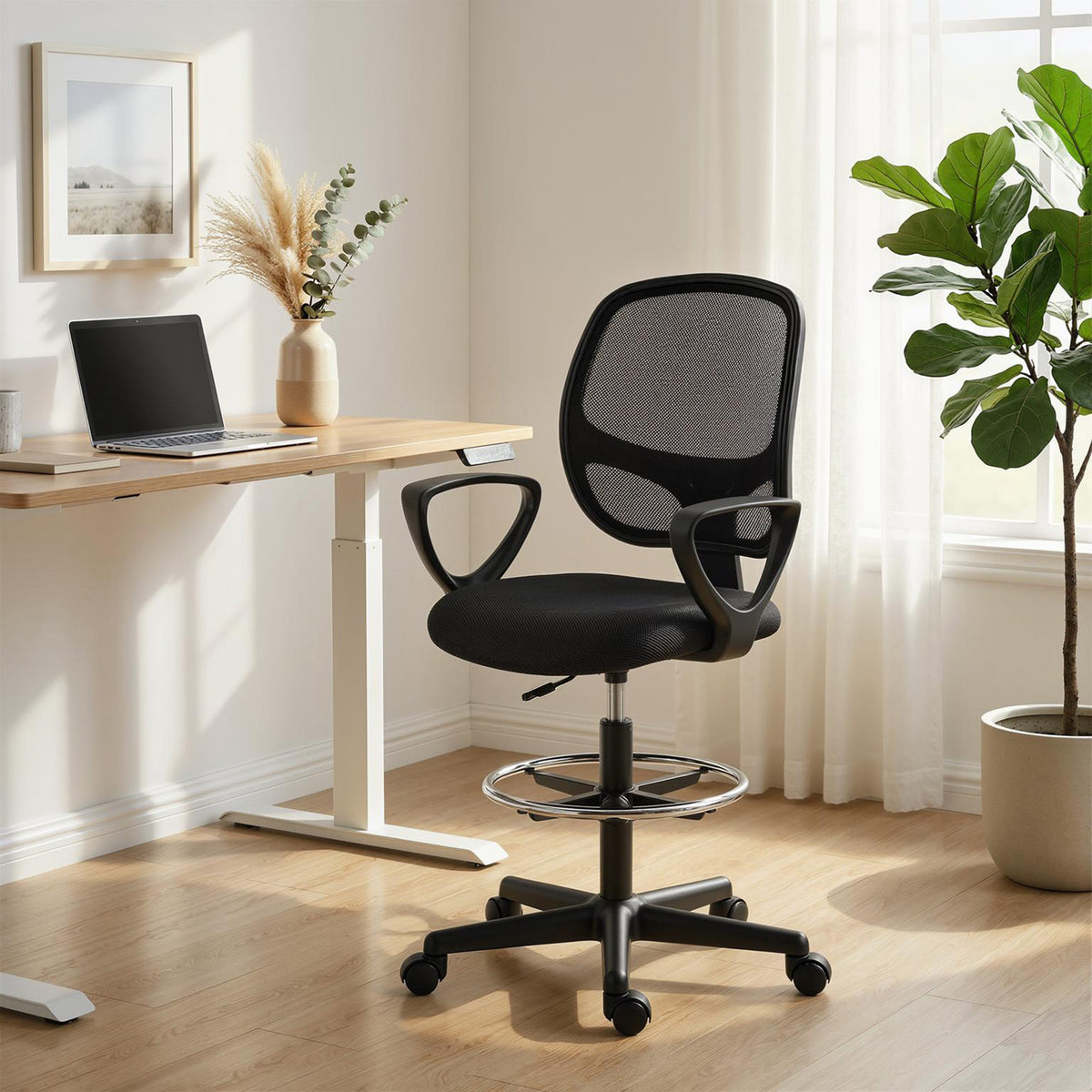Chaise bureau ergonomique, fauteuil de bureau avec repose-pieds et accoudoirs, hauteur réglable, 59x58x103-123cm, noir