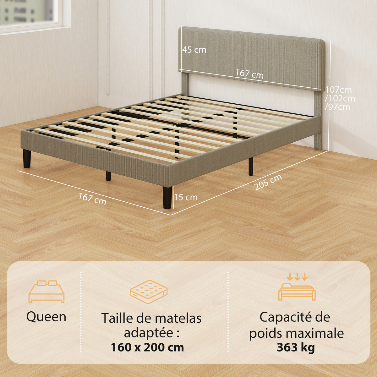 Estructura de cama de 160 x 200 cm, somier de láminas de madera, cabecero ajustable, cama doble tapizada en pana, gris