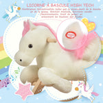 Cheval à Bascule Fonction Musicale Selle Grand Confort Peluche Courte Douce Pour Enfants 18-36 Mois Bois peuplier Blanc et Rose dim. 70L x 28l x 57H cm