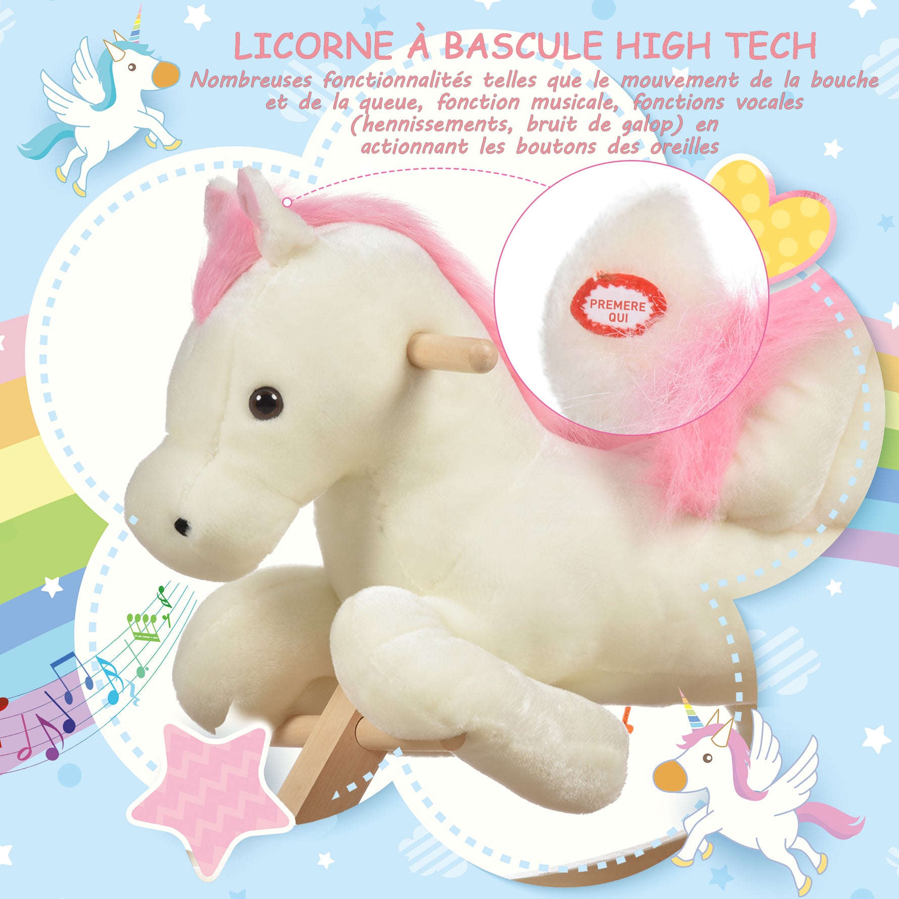 Cheval à Bascule Fonction Musicale Selle Grand Confort Peluche Courte Douce Pour Enfants 18-36 Mois Bois peuplier Blanc et Rose dim. 70L x 28l x 57H cm