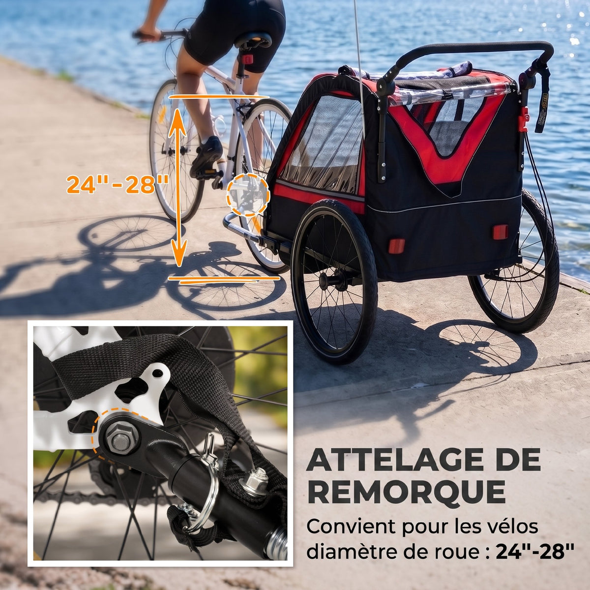 Remolque de bicicleta para niños 2 en 1, cochecito de bicicleta para bebés de 2 plazas, manillar ajustable, freno de mano, cinturón de seguridad, rojo