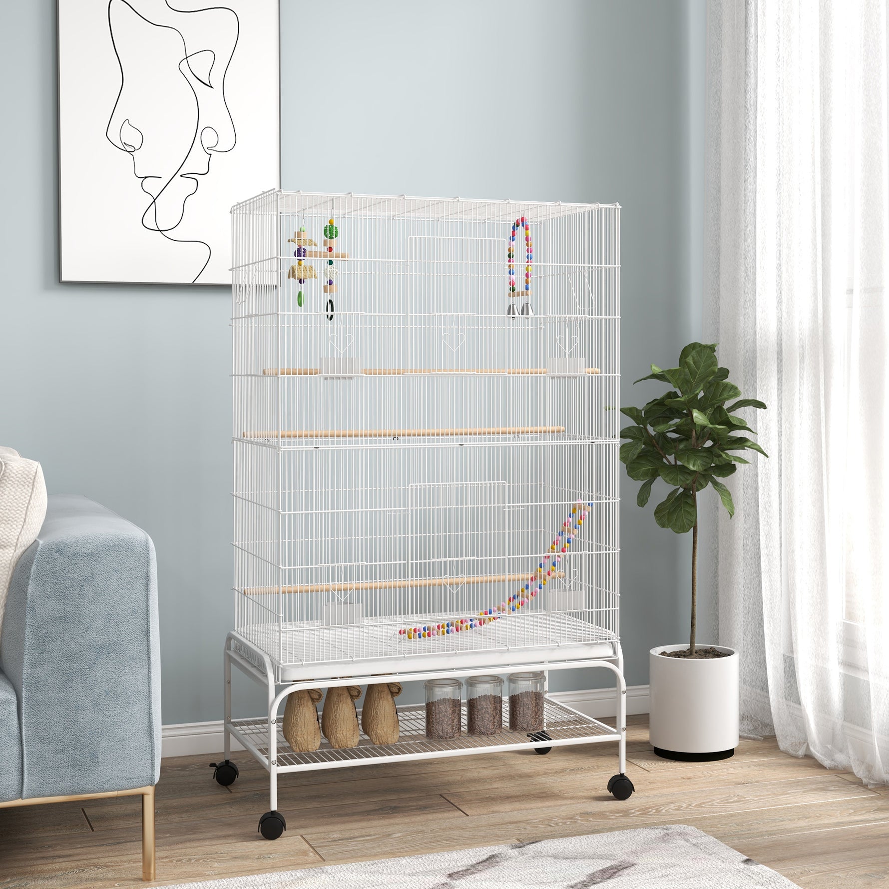 Cage à oiseaux sur pieds roulettes avec 4 mangeoires et 3 perchoirs 79 x 49 x 133 cm blanc