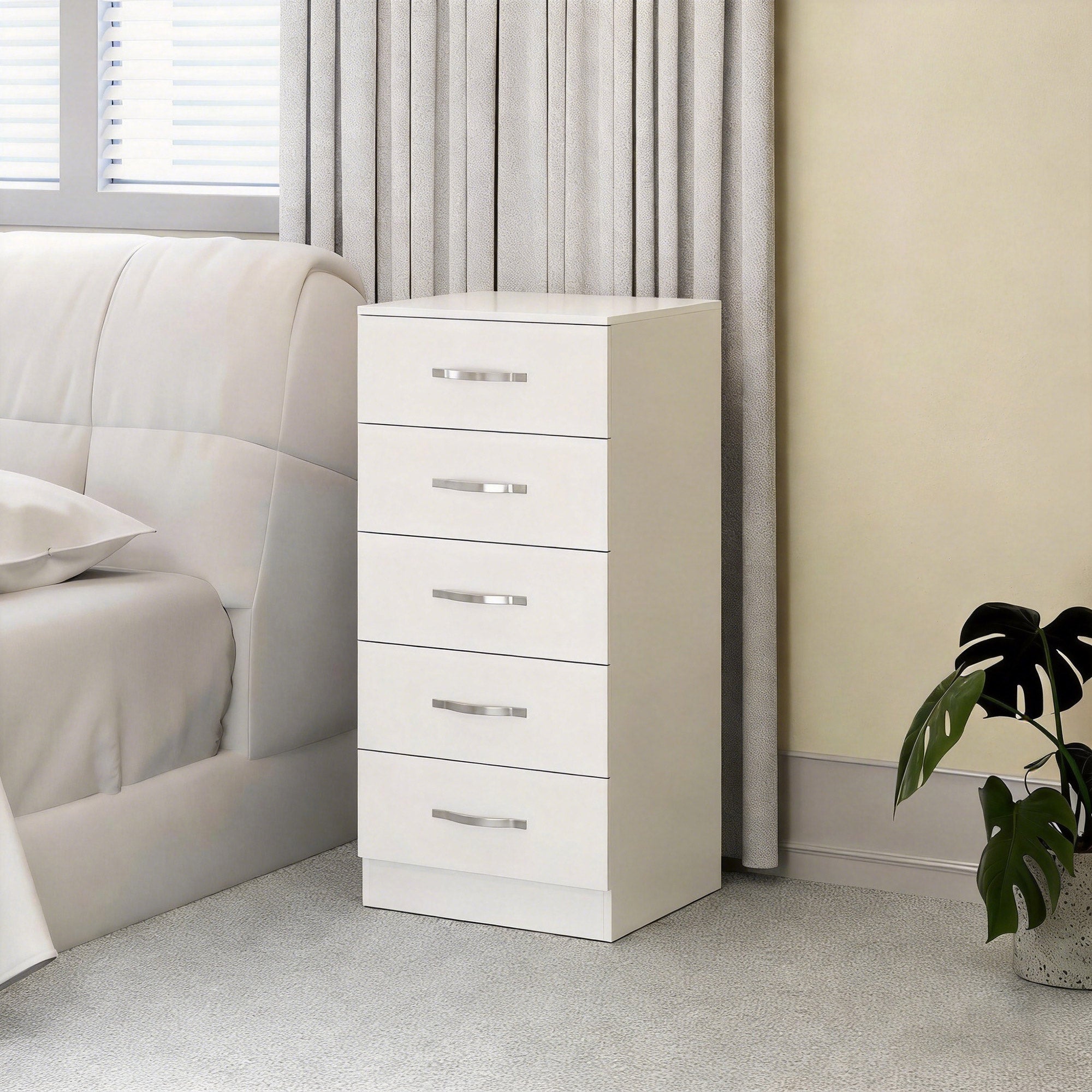 Kommode mit 5 Schubladen, schmaler Aufbewahrungsschrank, moderner Stil, für Schlafzimmer, Wohnzimmer, Flur, 40x35x85 cm, Weiß