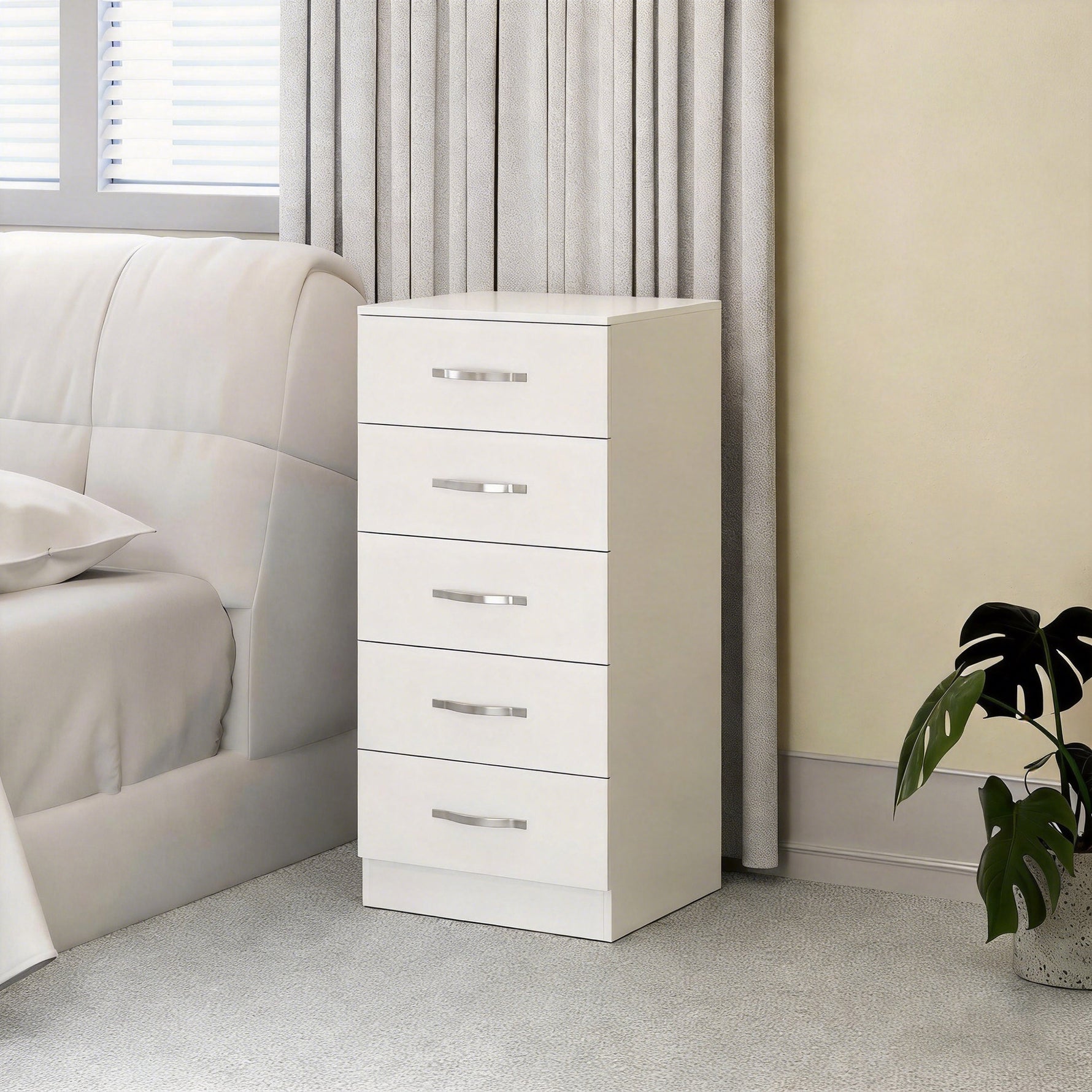 Commode 5 tiroirs, meuble de rangement étroit, style moderne, pour chambre à coucher, salon, couloir, 40x35x85cm, blanc