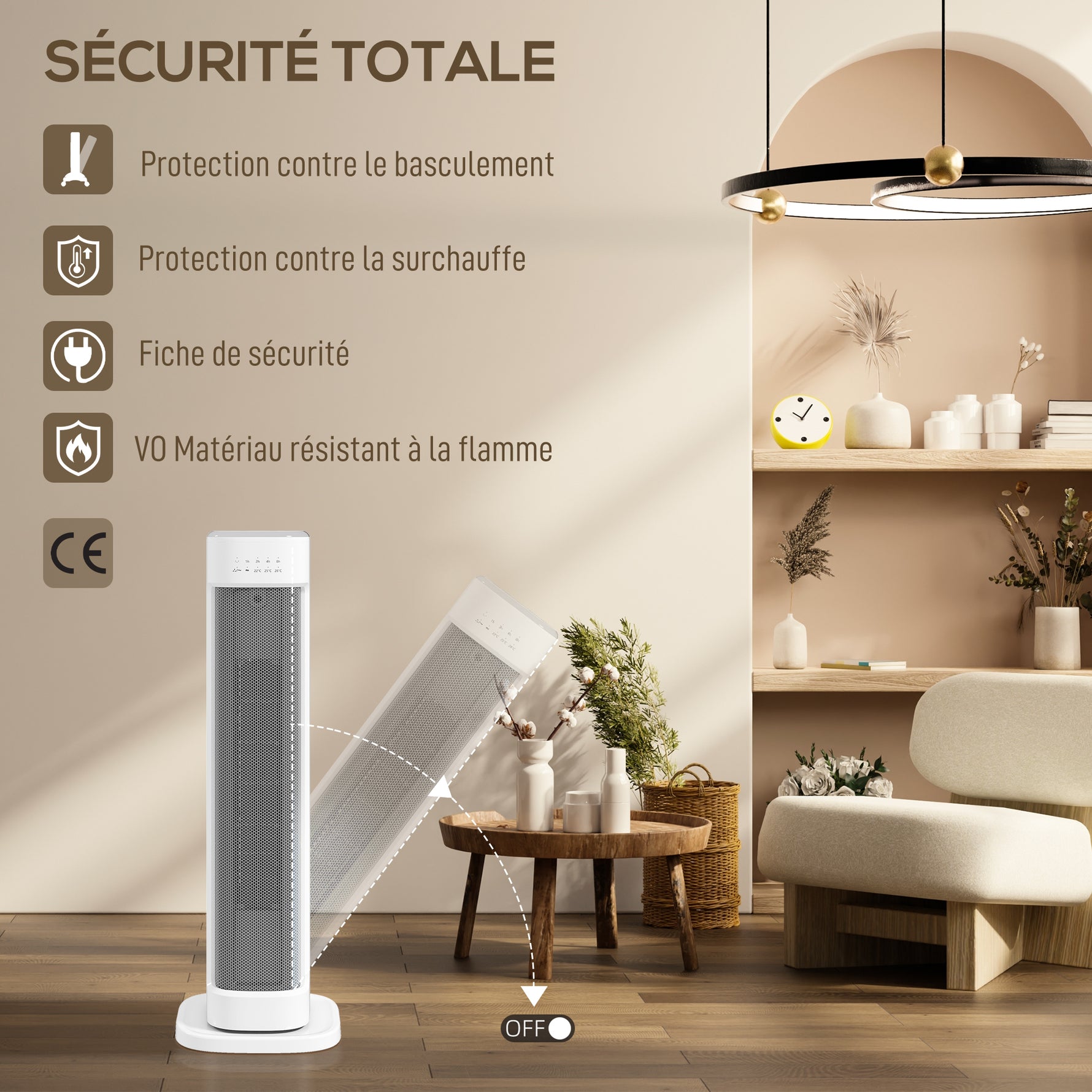 Chauffage d'appoint céramique PTC, radiateur électrique 2000 W avec thermostat réglable, minuterie, 21x19,7x61cm, blanc