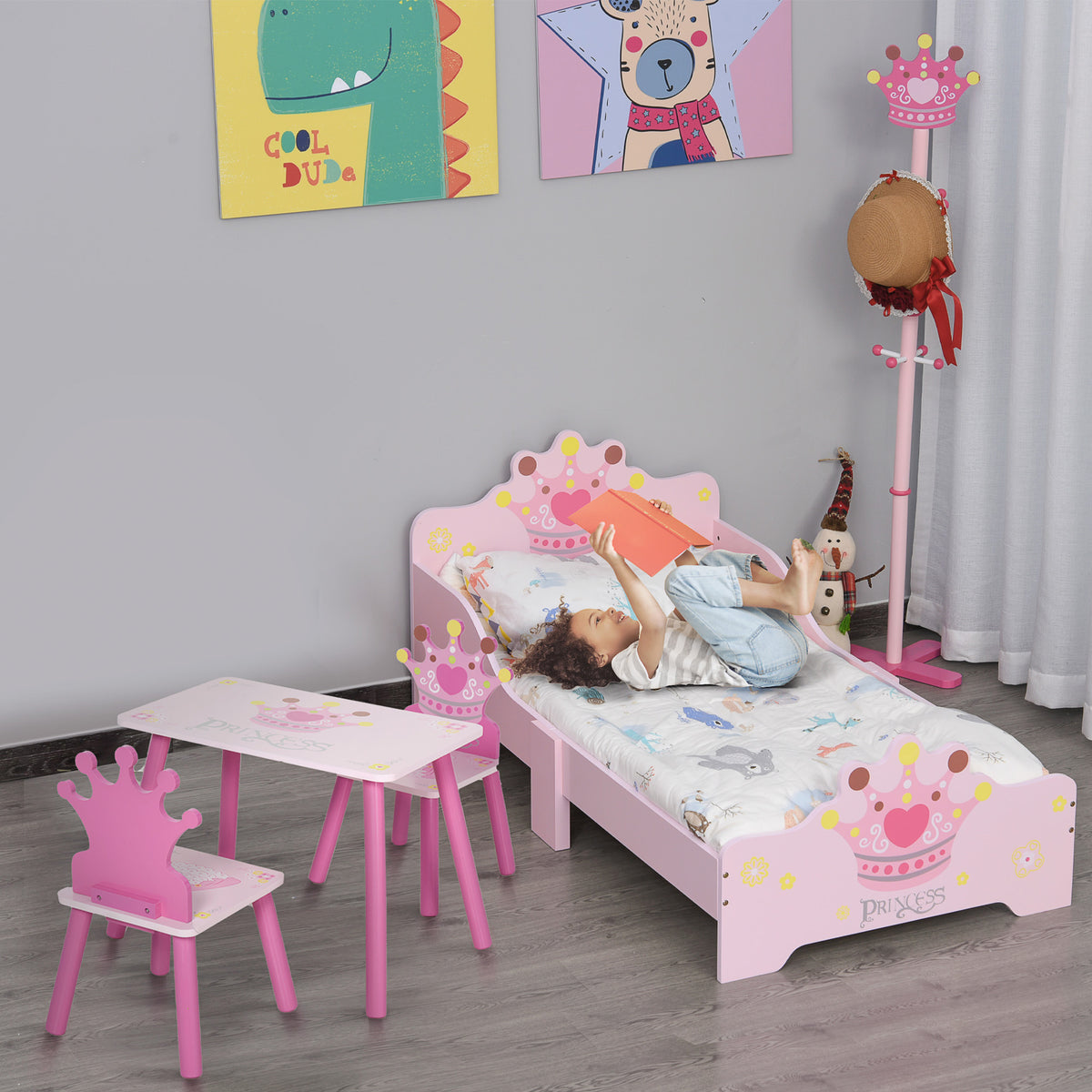 Lit Enfant et Ensemble table et chaises enfant - Design Princesse Motif Couronne - sommier à Lattes Inclus - Rose