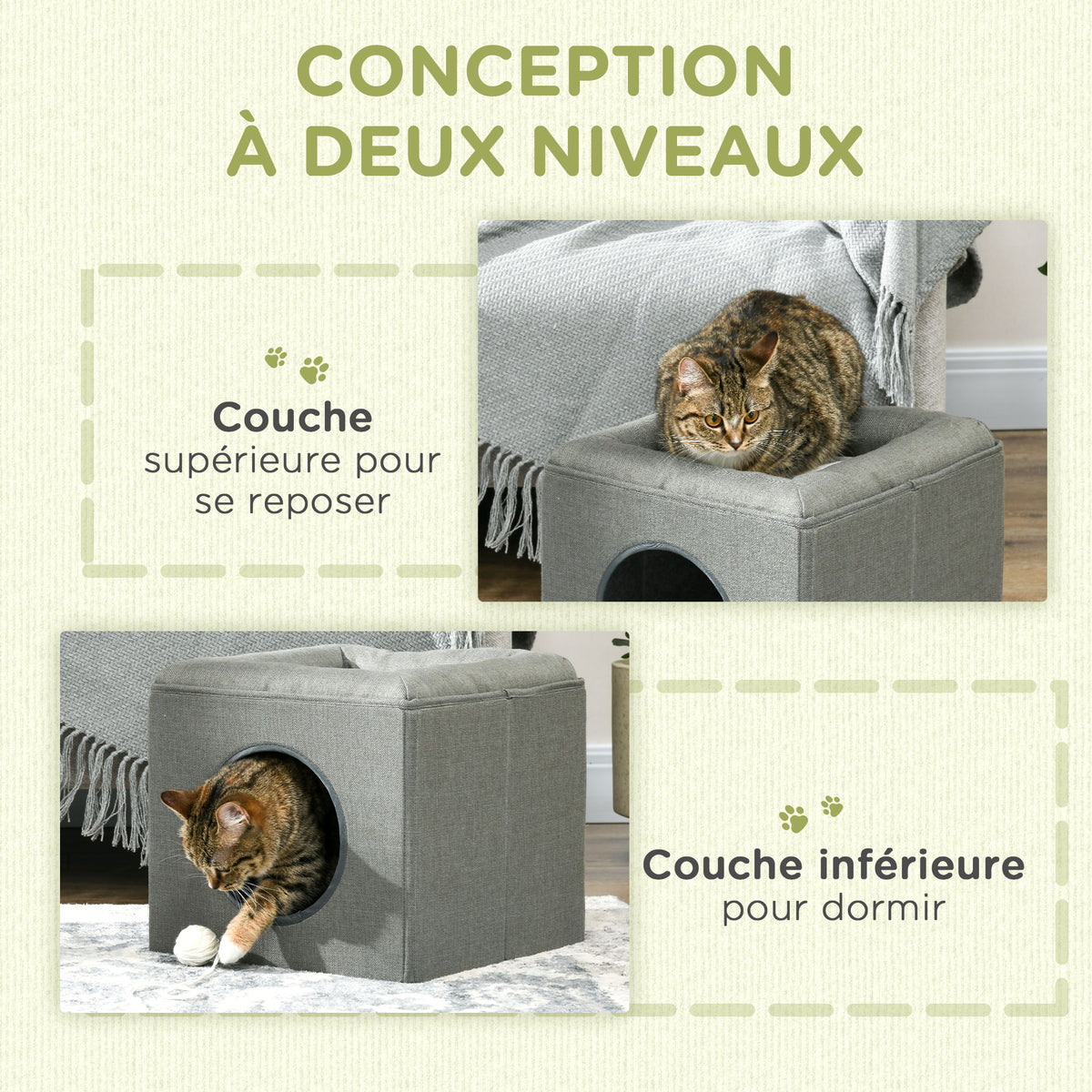 Maison niche pour chat 2 niveaux avec coussin moelleux en peluche - 36,5 x 36,5 x 33 cm gris