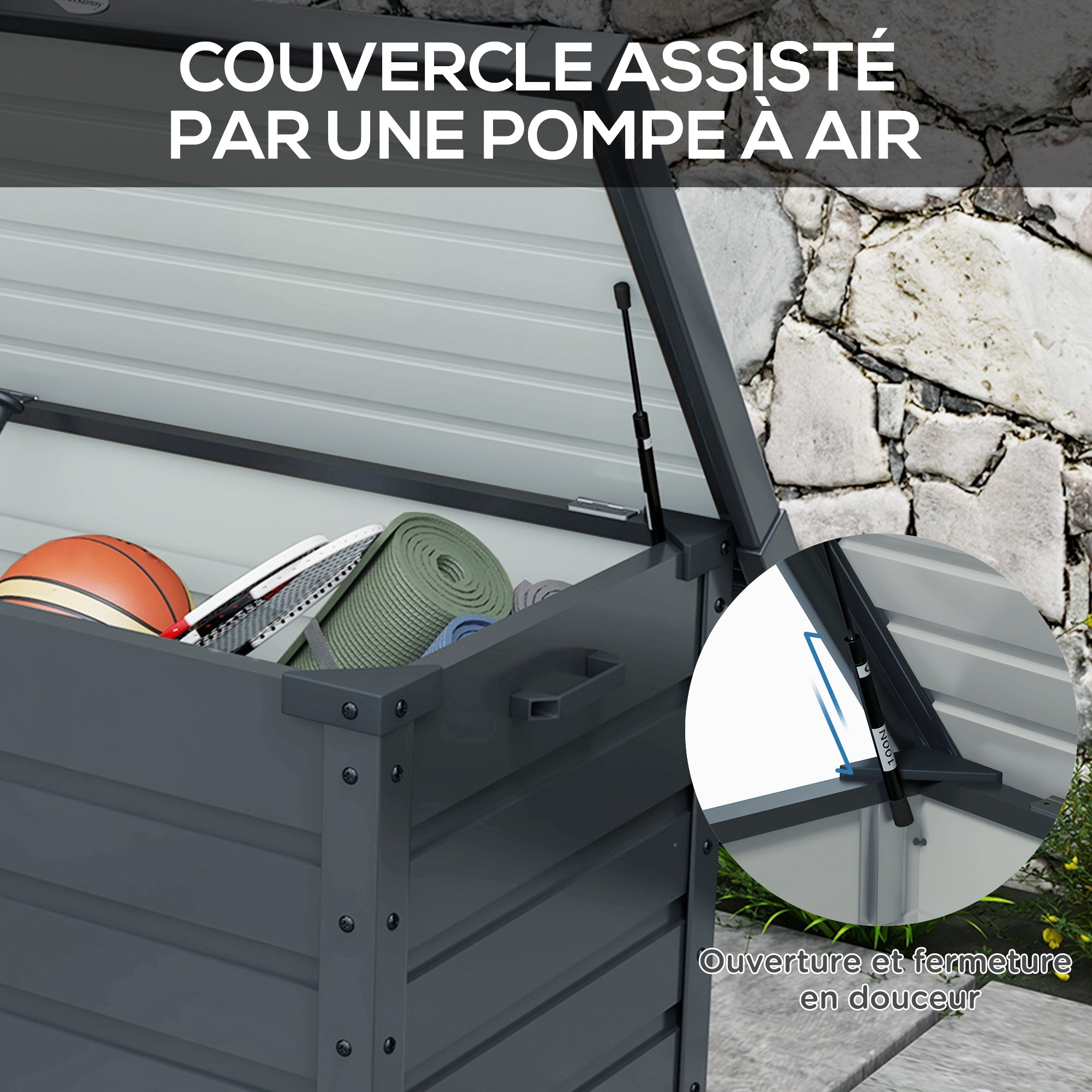 Coffre de rangement extérieur 295L, avec vérin à gaz, roulettes et poignée, en acier galvanisé, 100 x 62 x 65 cm, gris