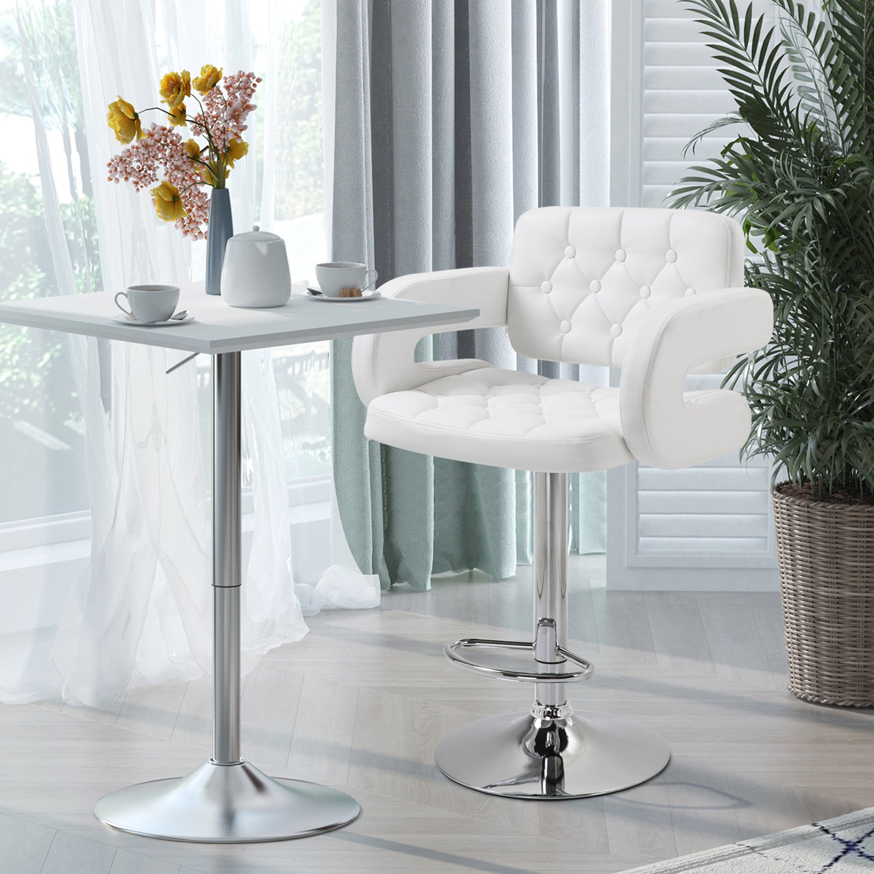 Tabouret de bar pivotant chaise de bar réglable en hauteur avec dossier repose-pieds et accoudoirs 61x50x93-113cm blanc