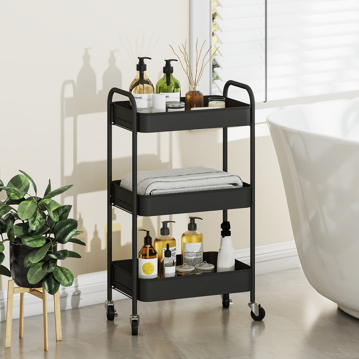 Desserte chariot de rangement en acier chariot de service à roulettes 3 plateaux ajourés 45 x 30,6 x 79 cm noir