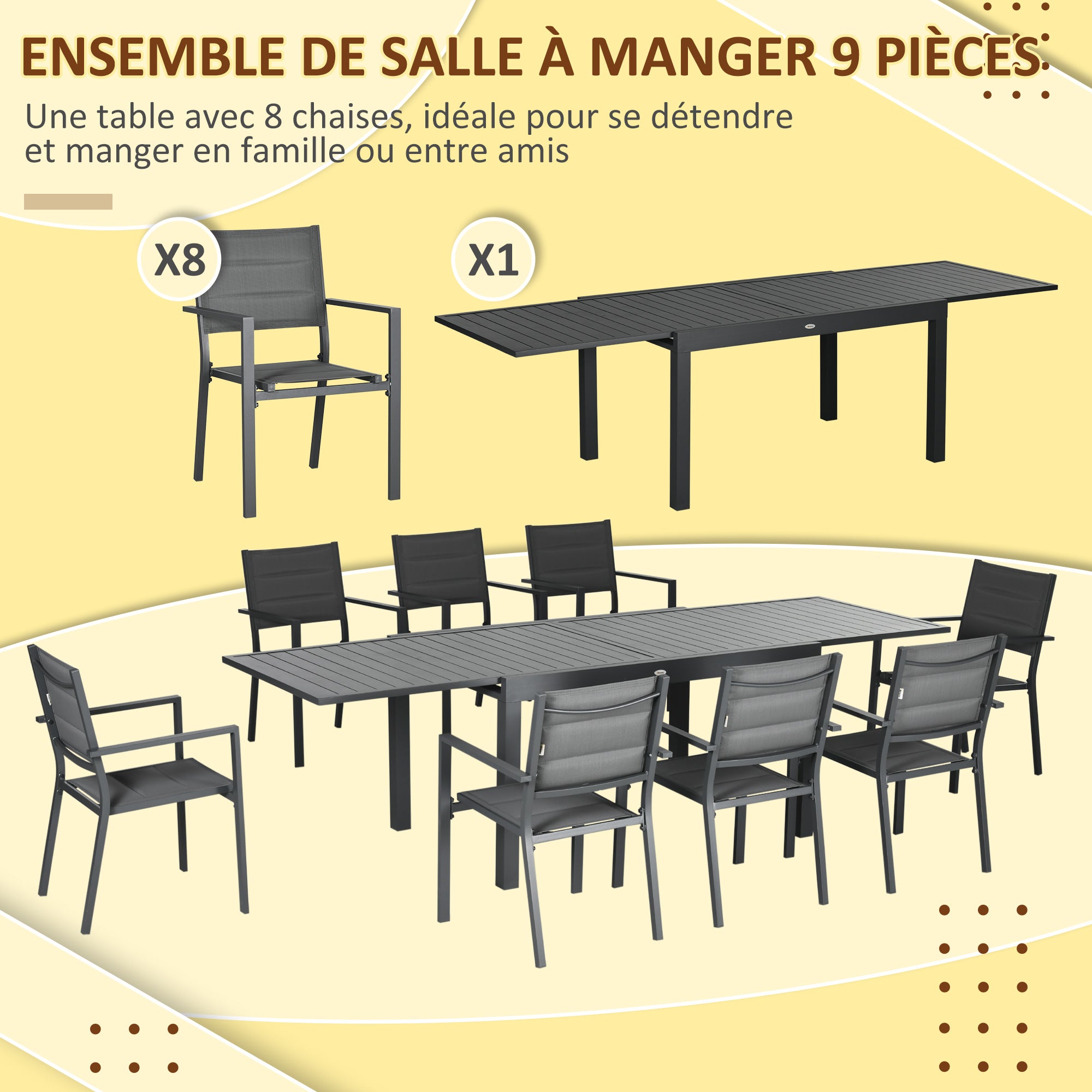 Salon de jardin table extensible 135-270 cm en aluminium et textilène 6/10 personnes 8 chaises empilables gris