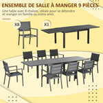 Salon de jardin table extensible 135-270 cm en aluminium et textilène 6/10 personnes 8 chaises empilables gris