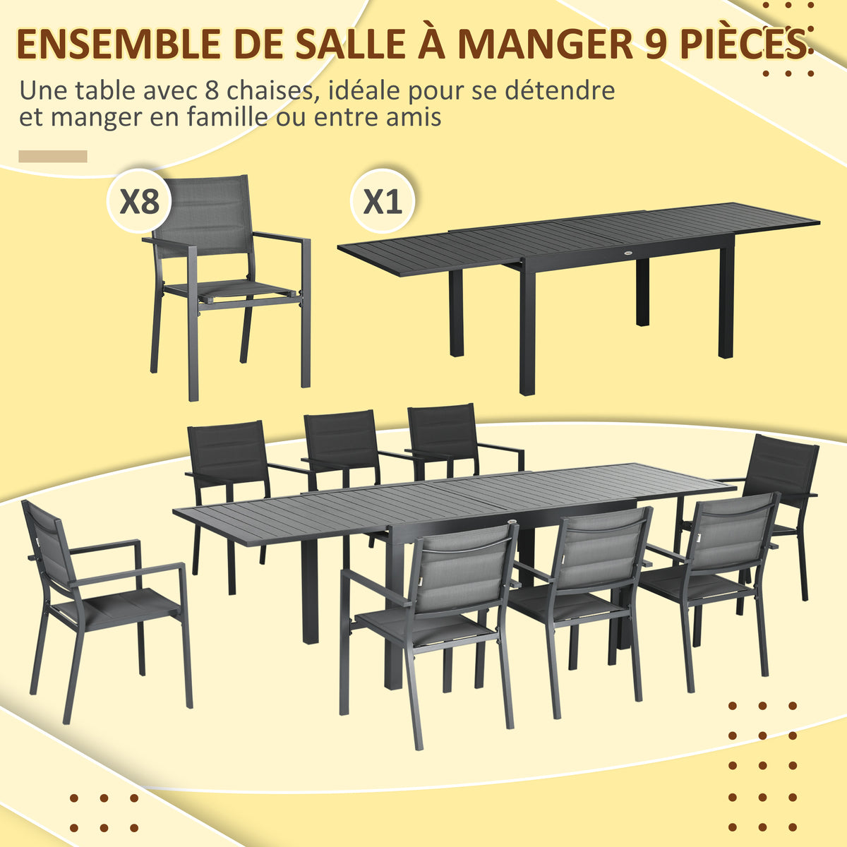 Salon de jardin table extensible 135-270 cm en aluminium et textilène 6/10 personnes 8 chaises empilables gris