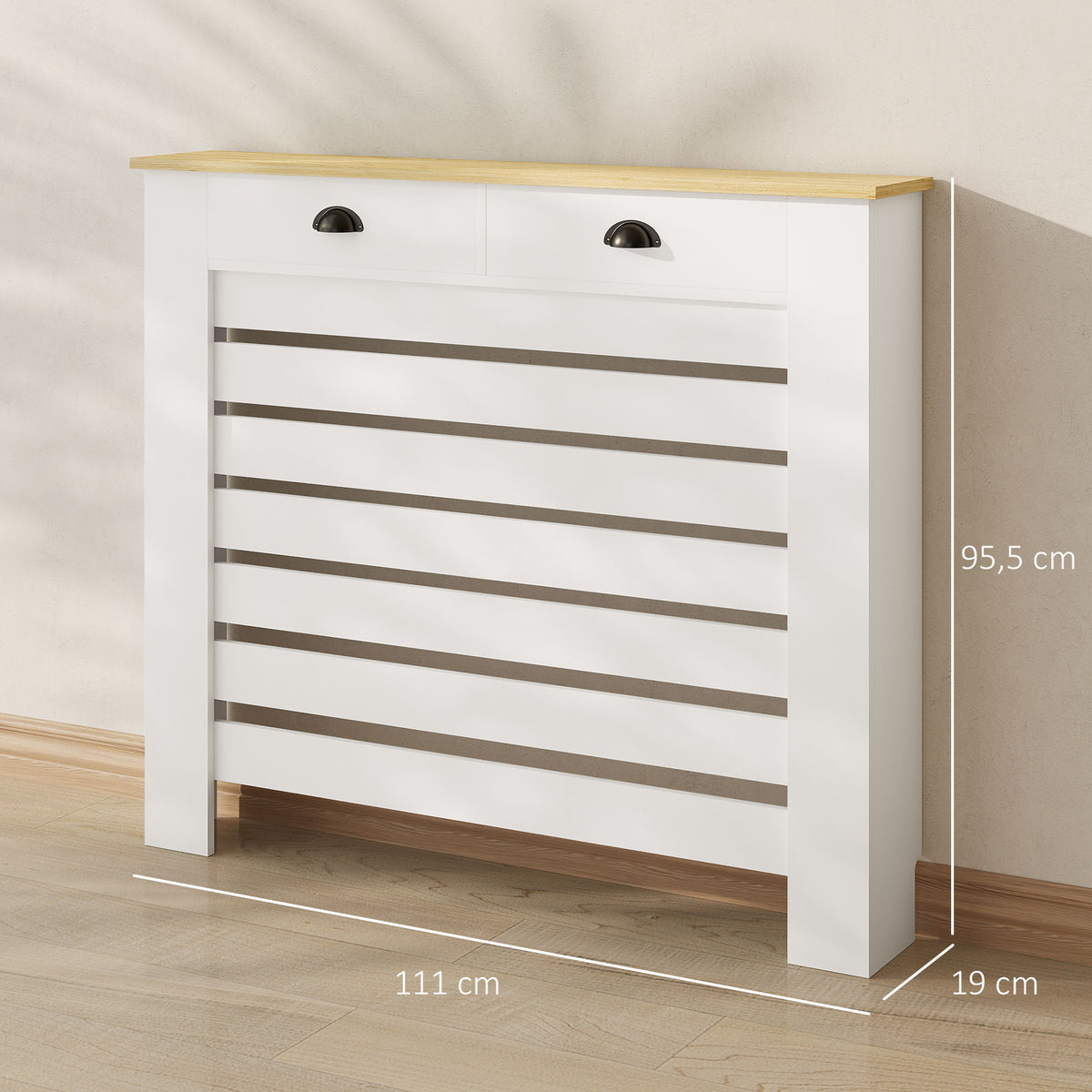 Couvercle de radiateur cache radiateur grille à lattes horizontales avec 2 tiroirs en bois 111l x 19P x 95,5H cm blanc