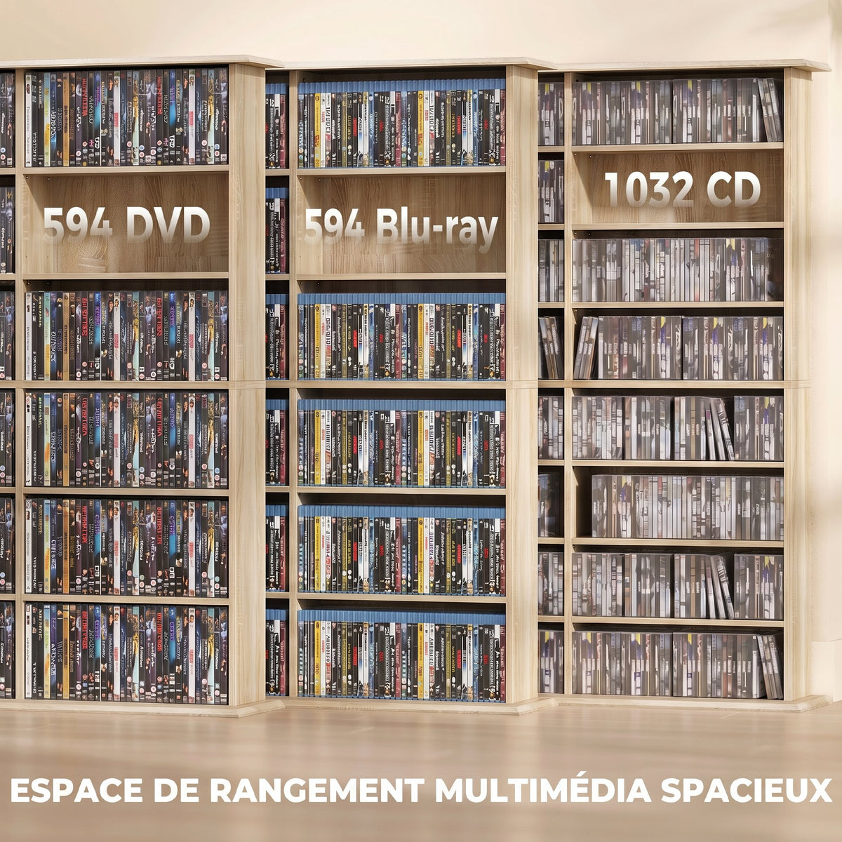 Meuble de rangement 1032 CDs / 594 DVDs, étagère multimédia, 24 compartiments et 18 étagères ajustables, chêne