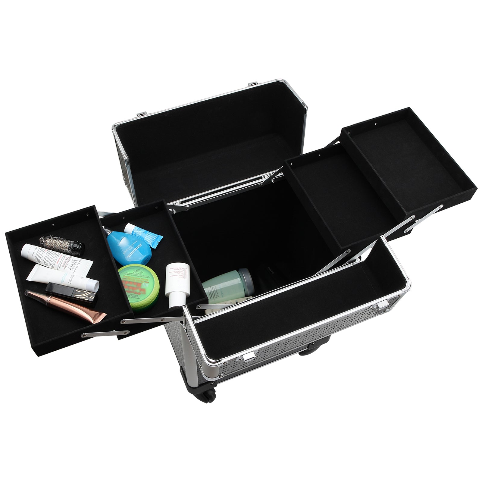 Valise trolley maquillage mallette cosmétique vanity poignée télescopique réglable 34L x 24l x 52H cm alu. noir