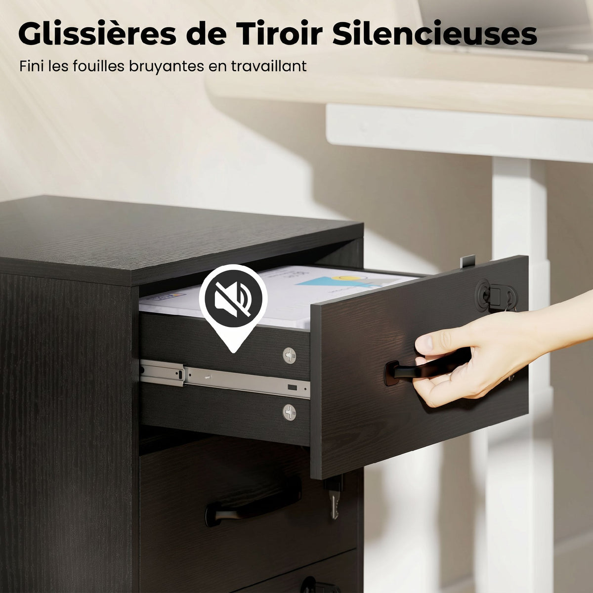Caisson de Bureau Mobile avec 3 Tiroirs Verrouillables, Caisson de Rangement sur Roulettes, 40 x 40 x 69,5 cm, Noir