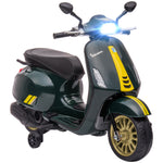 Scooter électrique enfant Vespa 6 V dim. 107L x 47l x 73H cm Musique MP3 Port USB Phare 2 roues d'entraînement - Vert