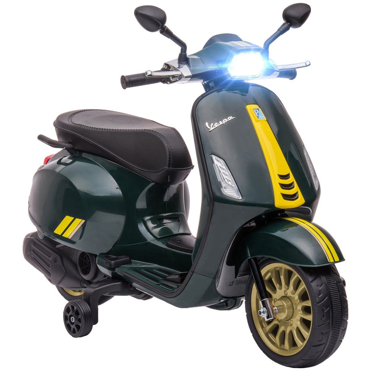 Scooter électrique enfant Vespa 6 V dim. 107L x 47l x 73H cm Musique MP3 Port USB Phare 2 roues d'entraînement - Vert