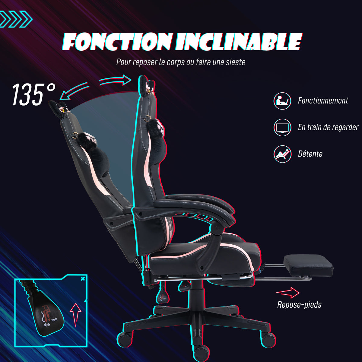 Chaise gaming ergonomique avec Oreilles de Chat, fauteuil gamer avec dossier inclinable, 65 x 62 x 124 cm, noir